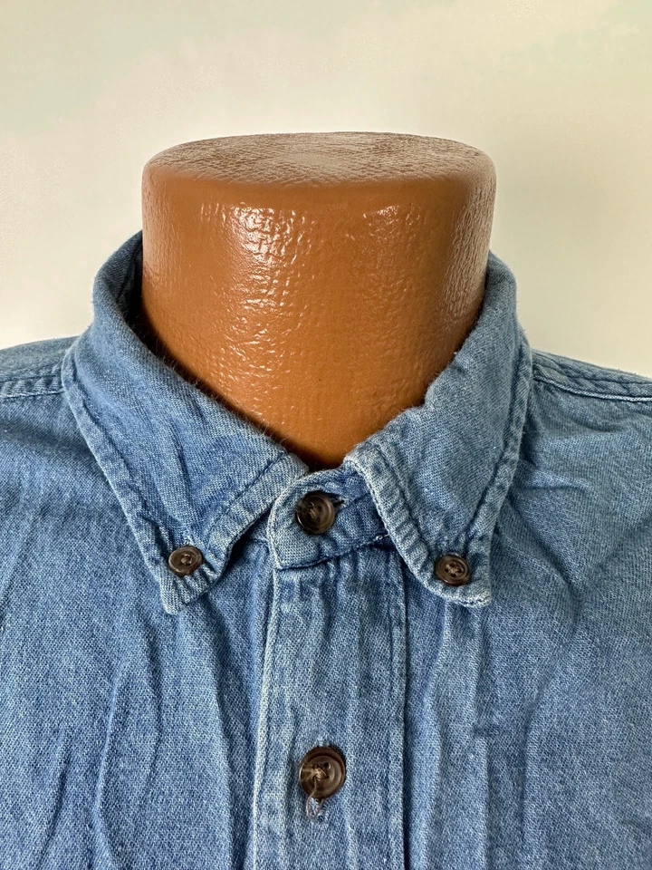 Vintage 90s Denim Shirt Men Large Button Down Outdoors Blue Distressed Greatland - Image 3 of 4
