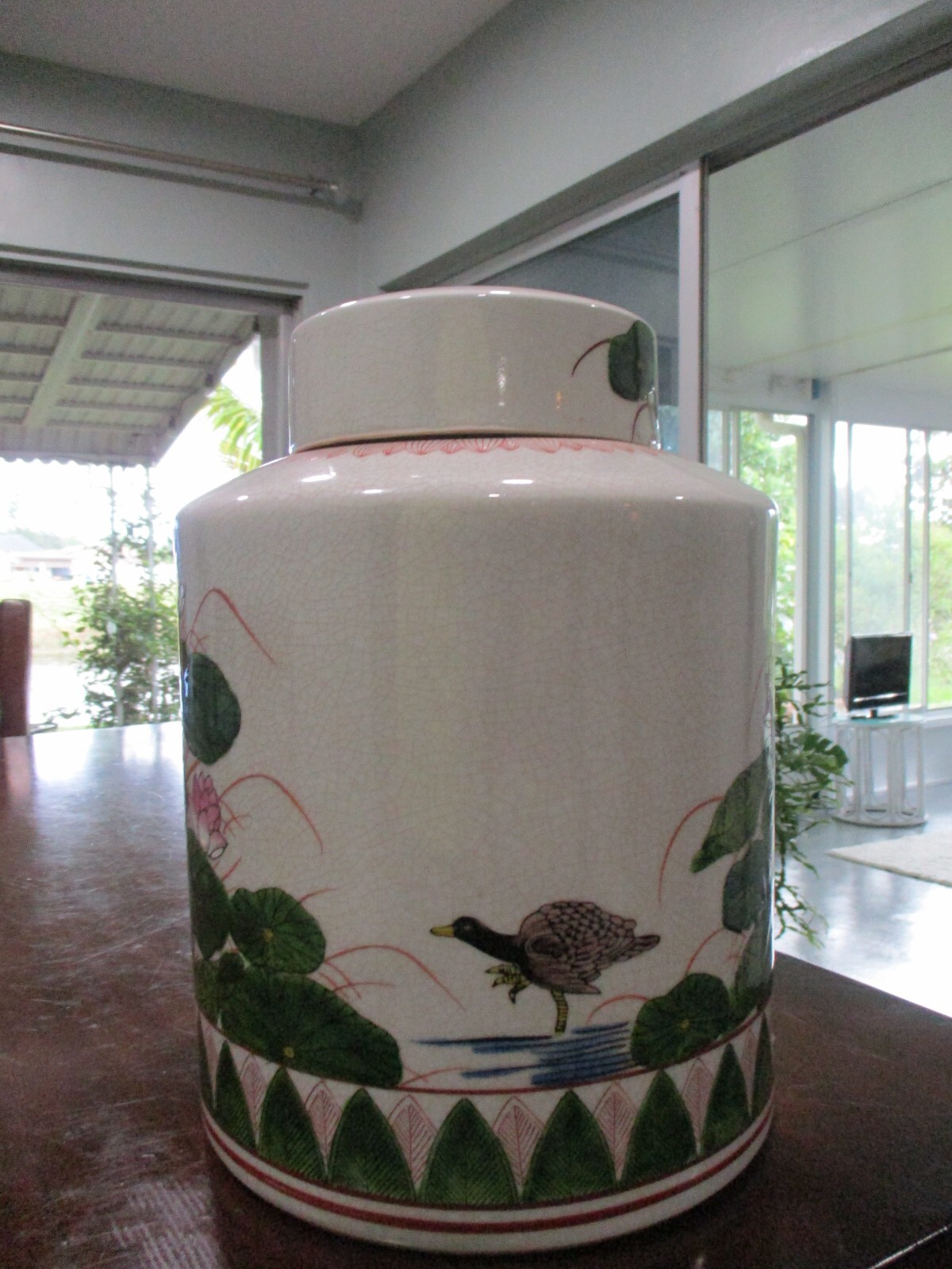 Fitz & Floyd Asian Chinoiserie  Large hand painted Lotus Ginger Jar crackled WOW