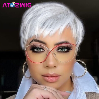 Short Gray Wigs for Women Straight Pixie Cut Wigs 