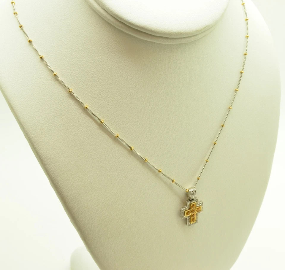 Cadena bordillo con cuentas de oro amarillo y blanco de 14k con colgante de cruz oro de 18,25"-2037 Foto 2 de 3