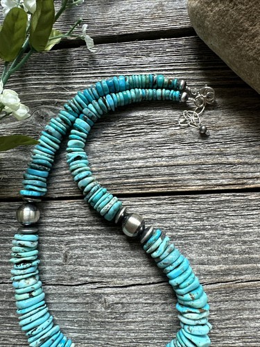 Sterling Silver Graduated Vibrant Blue Turquoise Bead Necklace 18 inch - Picture 8 of 12