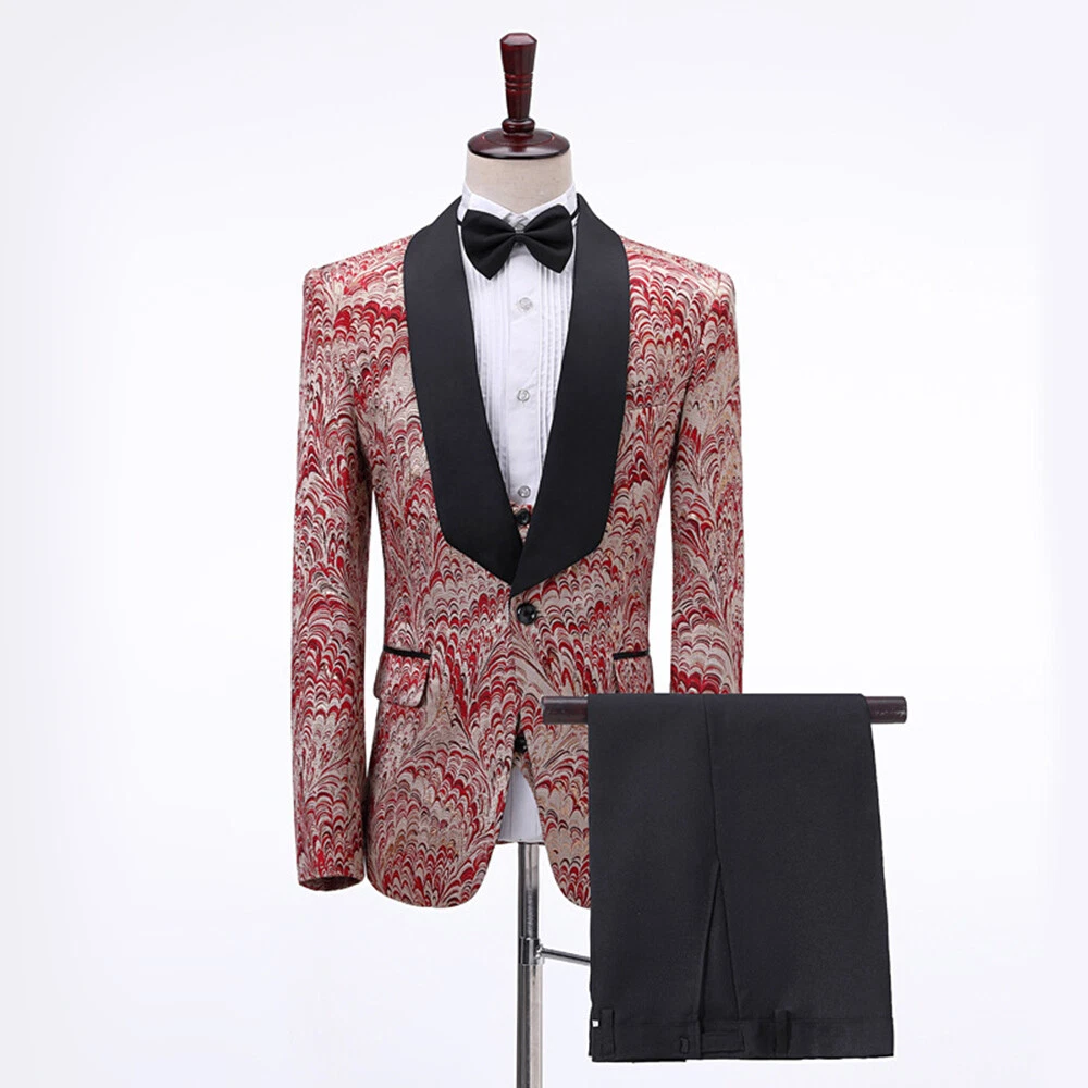 Men 3 Piece Suit Brocade Shawl Lapel Jacket Vest Pants Groom