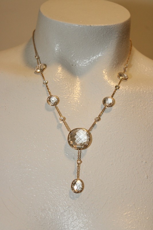 14K Yellow Gold White Topaz Lariat Necklace 