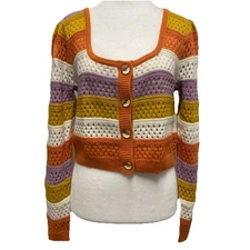 SO GOOD FOR LIFE Juniors Cropped Cardigan XL Multicolor Stripes Open Knit Boho