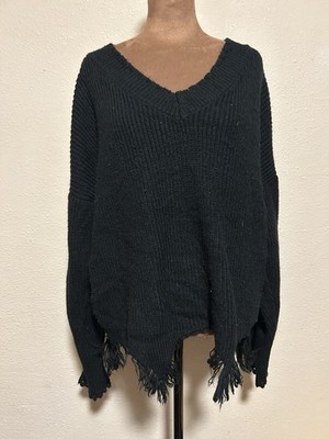 Women's Black V-Neck Knit Acrylic Pullover Sweater Fringe Hem Long Sleeve XL