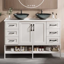 48-inch Large Bathroom Vanity with Tempered Glass Double Sink Open Shelves White