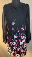 White House Black Market Black With Floral Sheath Dress Chiffon Sleeves Size 8