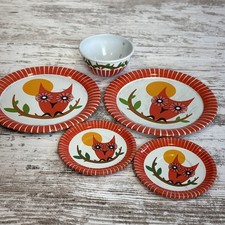 Vintage Owls 5 piece set Painted Metal Tin 1970's MCM Childs Toy Ohio Art