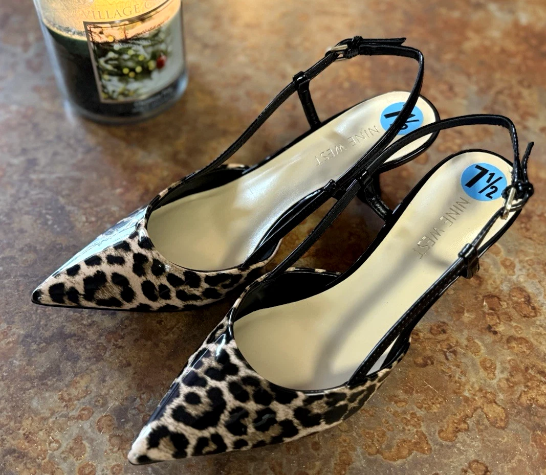 Sandales à Talons Hauts Nine West En Cuir Noir Imprimé Animalier - Taille 8.5, Talon Aiguille 4.5 Pouces, Neuves