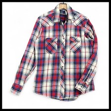 VTG Wrangler Flannel Western Snap Shirt Red Blue Plaid Heavy X-Long Tails Men L