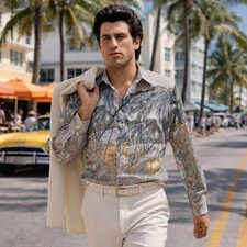 AMAZING Oleg Cassini Tropical Hawaiian Palms DISCO Shirt sz Medium Burma Vintage