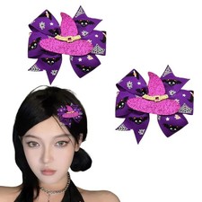 2 PCS Halloween Hair Ribbon Bow Witch Hat Bowknot Hair Clips Purple Bat Hair ...
