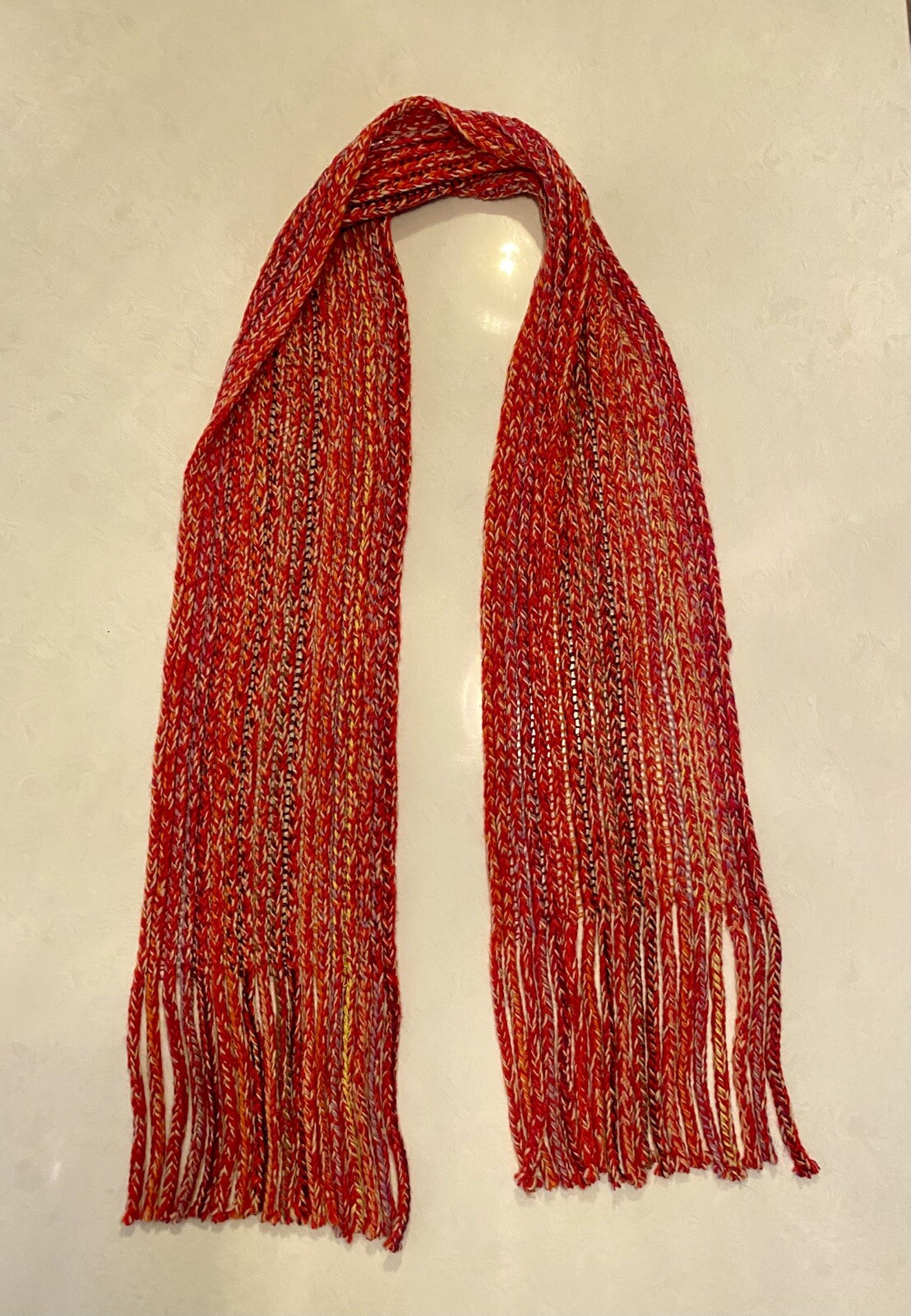 Vintage Y2K ECHO Long Scarf Muffler Rectangle Red Multi Wool Acrylic Fringe