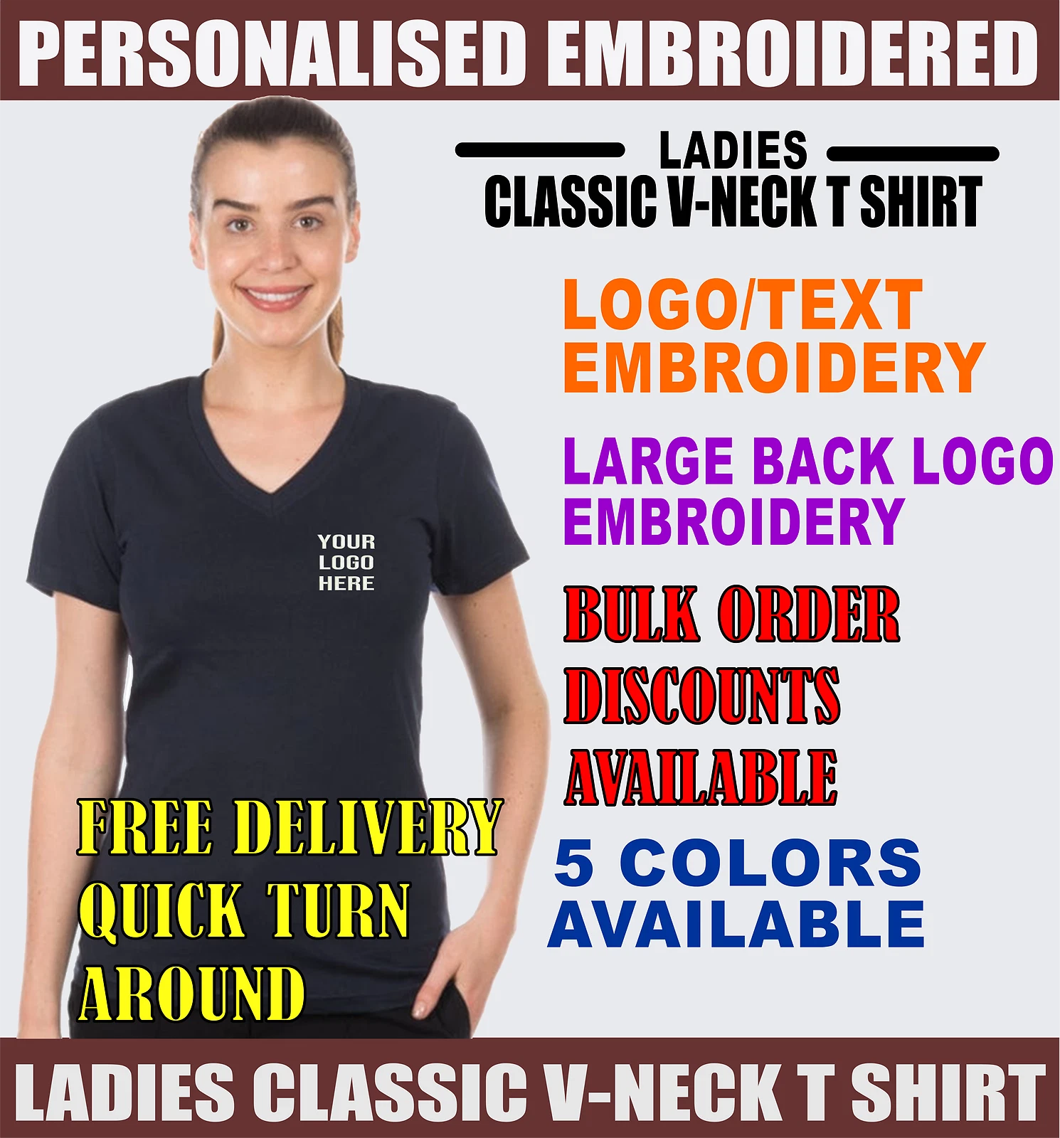Personalised Embroidered Logo Uneek UC319 Ladies Classic V Neck T Shirt