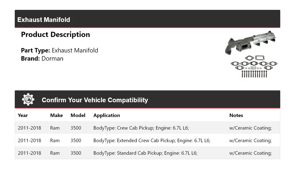 For 2011-2018 Ram 3500 6.7L L6 Dorman Exhaust Manifold 2012 2013 2014 2015 2016 - Image 2 of 4