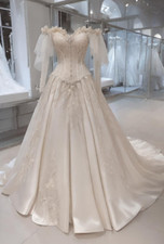 Off Shoulder 3D Floral Corset Satin A Line Wedding Dress Long Train Bridal Gown