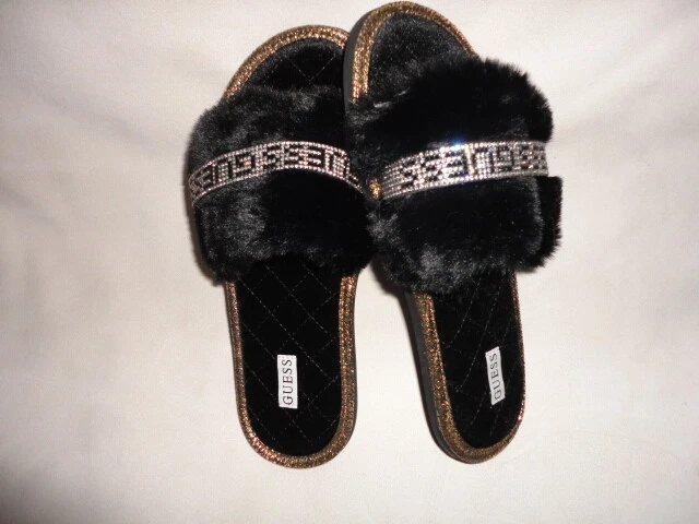 GUESS WOMENS USA 10 or 11 BLACK FAUX FUR RHINESTONE LOGO SLIPPER SANDALS NIB