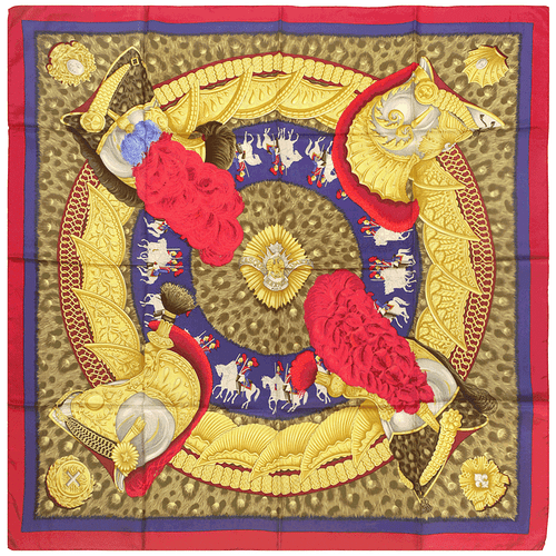 Hermes Scarf CASQUES ET PLUMETS Vintage 90cm Silk Red Blue JULIA ABADIE - 第 2/8 張圖片