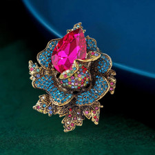 Women's Rose Pink/Blue Crystal Rhinestone Large Flower Brooch Pin