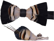 Men'S Pre-Tied Bow Tie Handmade Feathers Bowtie and Brooch Set
