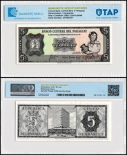Paraguay 5 Guaranies, L.1952 (1963 ND), P-195b, UNC, Authenticated