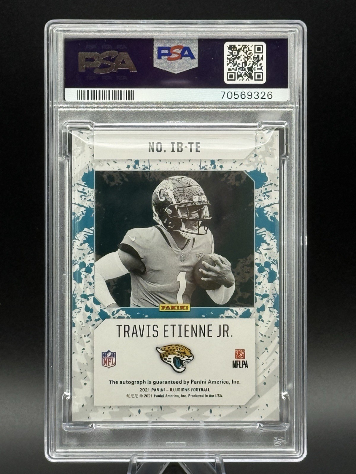 Travis Etienne Jr. (RC) (AU) 2021 Illusions #IB–TE Ink Blocks PSA 9 Jaguars /99 view 2