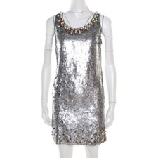 Red Valentino Silver Sequined Pearl Embellished Sleeveless Mini Shift Dress S