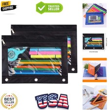 Pencil Pouch 3 Ring, Zipper Pencil Pouches Case Binder Cosmetic Bag Black 2 Pack