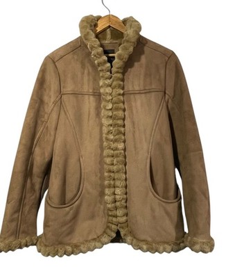 Esprit Womens Faux Suede Zip Up Coat Jacket Faux Fur Trim Brown Sz M Penny Lane