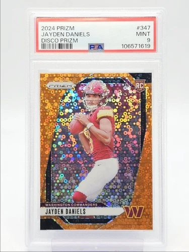 JAYDEN DANIELS 2024 PANINI PRIZM ROOKIE DISCO COMMANDERS RC PSA 9 Q0004