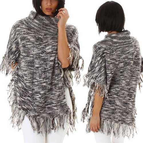 Damen Poncho Pullover warm flauschig weich Fransen Rollkragen Knöpfe 36 38 40 - Bild 3 von 22