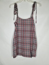 SHEIN PINK PLAID TARTAN SPAGETTI STRAP  SLIT STRETCH MINI DRESS WOMENS SMALL 4