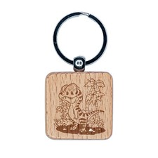 Dilophosaurus Crested Dinosaur Engraved Wood Square Keychain Tag Charm