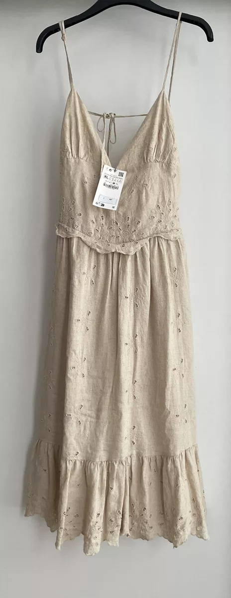 ZARA BEIGE LINEN BLEND FLORAL EMBROIDERED MIDI DRESS WITH OPEN BACK SIZE XL BNWT