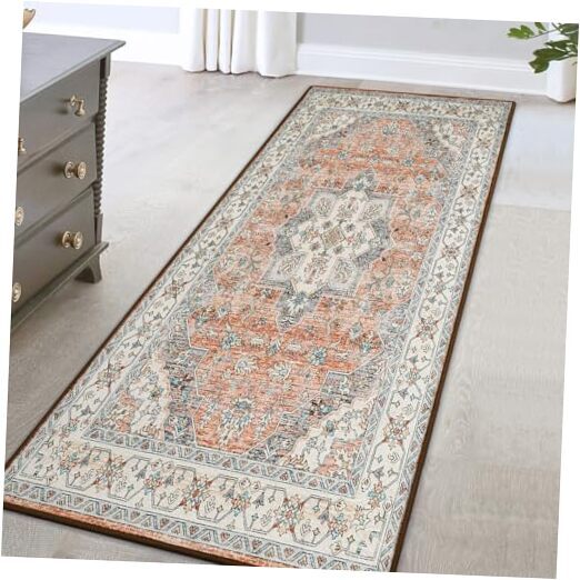 Vintage Runner Rug, 2x6 Floral Medallion Washable Area Rugs 2x6 Feet Orange