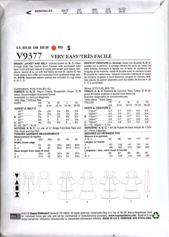 Vogue V9377 Misses Tiered Light Jacket Size XS to M Uncut Sewing Pattern - Image 2 of 2