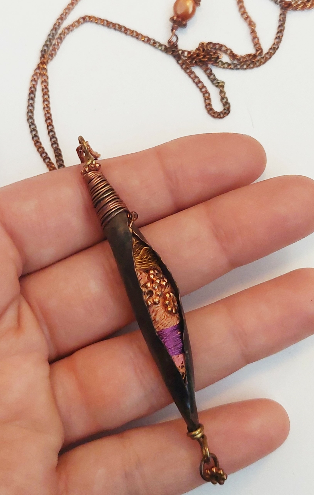 OOAK Necklace Etsy Artisan Copper Torch Metal Pod Mixed Media Fiber Art