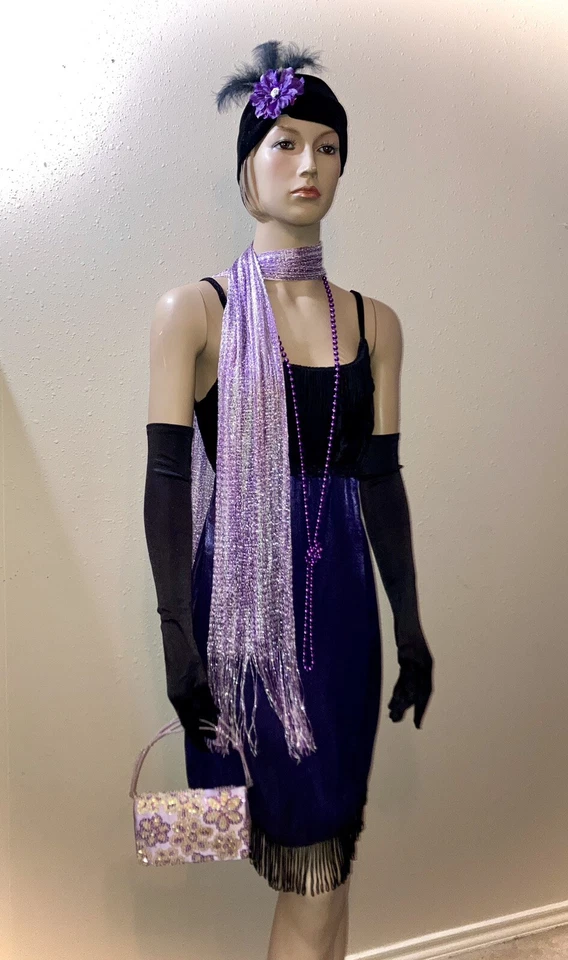 Black Purple 1920s Great Gatsby Flapper Dress Roaring 20s & Accs M - Image 2 of 4
