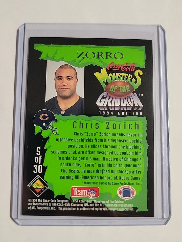 1994 Coca-Cola Chris Zorich #5 Monsters Chicago Bears Football Card - Image 2 of 2