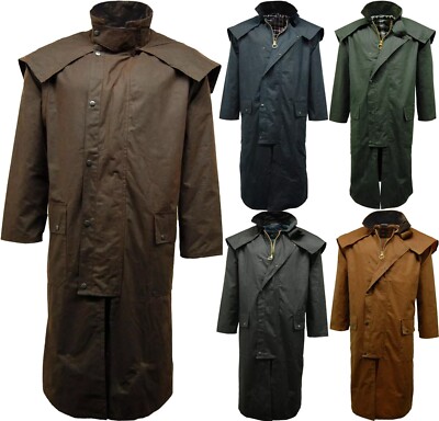 Herren Lang Wachs Reit Cape Mantel Unisex Langarm Reißverschluss abnehmbare Kapuze Jacke