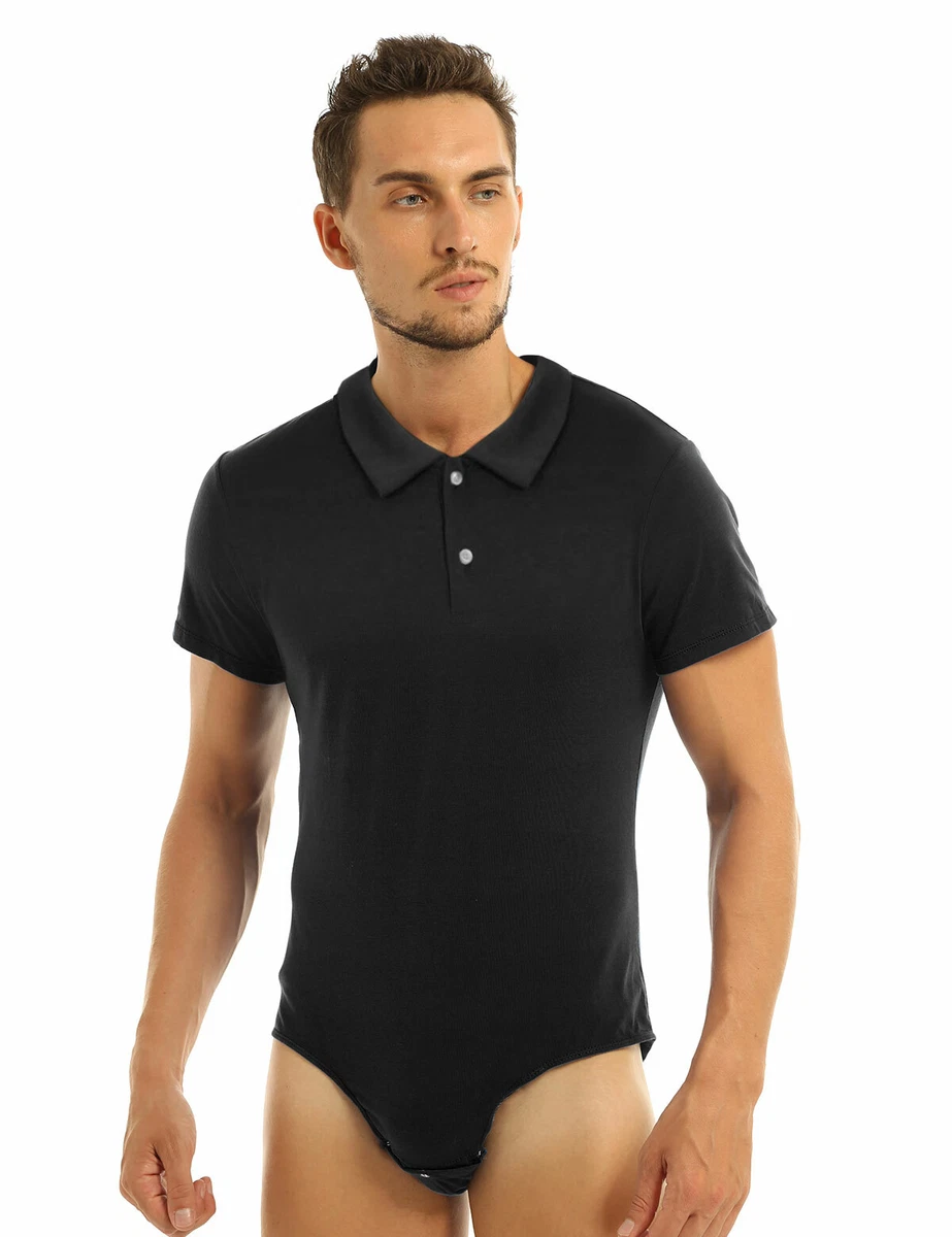 Men Summer Bodysuit Turn-down Collar Shirt Snap Crotch Tops Sleep