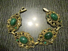 VTG Victorian Revival Green Malachite Glass Cabochon Pearl Rhinestone Bracelet!