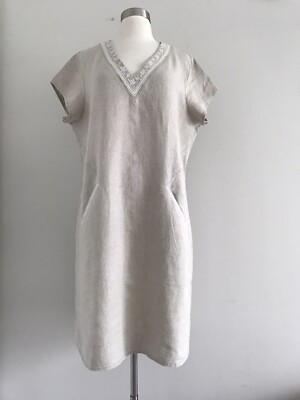CARNET HILL 100% LINEN V-NECK SIDE SLITS TWO FRONT POCKETS DRESS SIZE 16 |  eBay