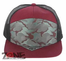 7 PANEL FLAT BILL SNAPBACK TRUCKER BASEBALL CAP HAT BURGUNDY TEAL BURGUNDY CAMO