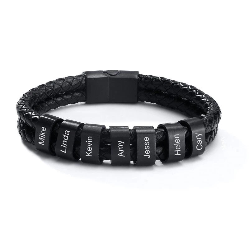 Men's Leather Bracelet, 4 Sterling Silver Beads, Engraved Name Bracelet,  IFSHE – ifshe.com