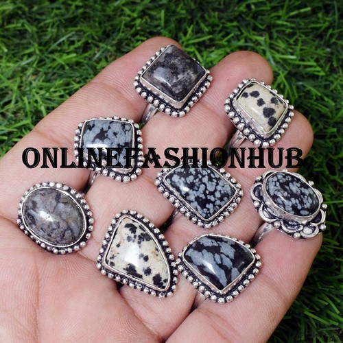 Dalmatian Jasper & Mix Gemstone 925 Sterling Silver Plated Handmade Lot Rings - Picture 2 of 3