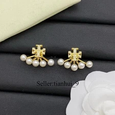 New! Tory Pearl stud Gold earrings with Jewelry Pouch