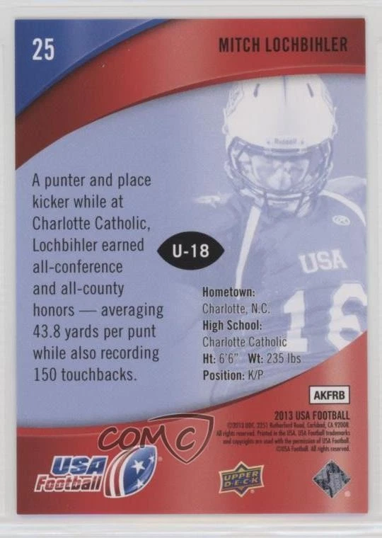 2013 Upper Deck USA Football Mitch Lochbihler #25 - Image 2 of 2