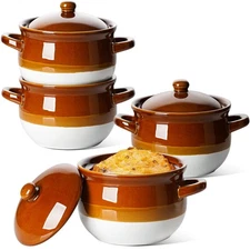 4 PCS 22oz French Onion Soup Crocks with Lid Oven Safe Ceramic Bowls Handles