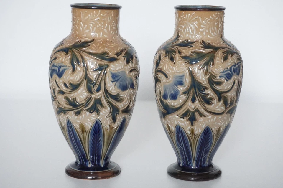 Doulton Lambeth Pair Vases - Alice E.Budden - Incised Floral Design - c.1886 - Image 4 of 4